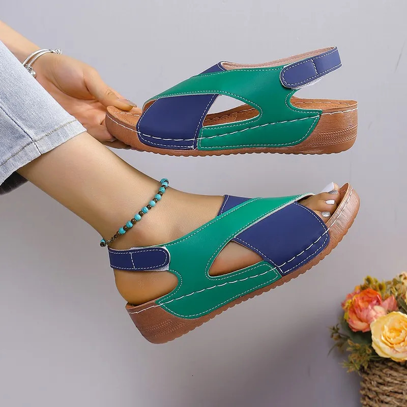 Womens Contrast Color Wedge Sandals Summer Peep Toe Non Slip Beach Shoes Woman Comfortable Platform Roman Sandalias Mujer 250603