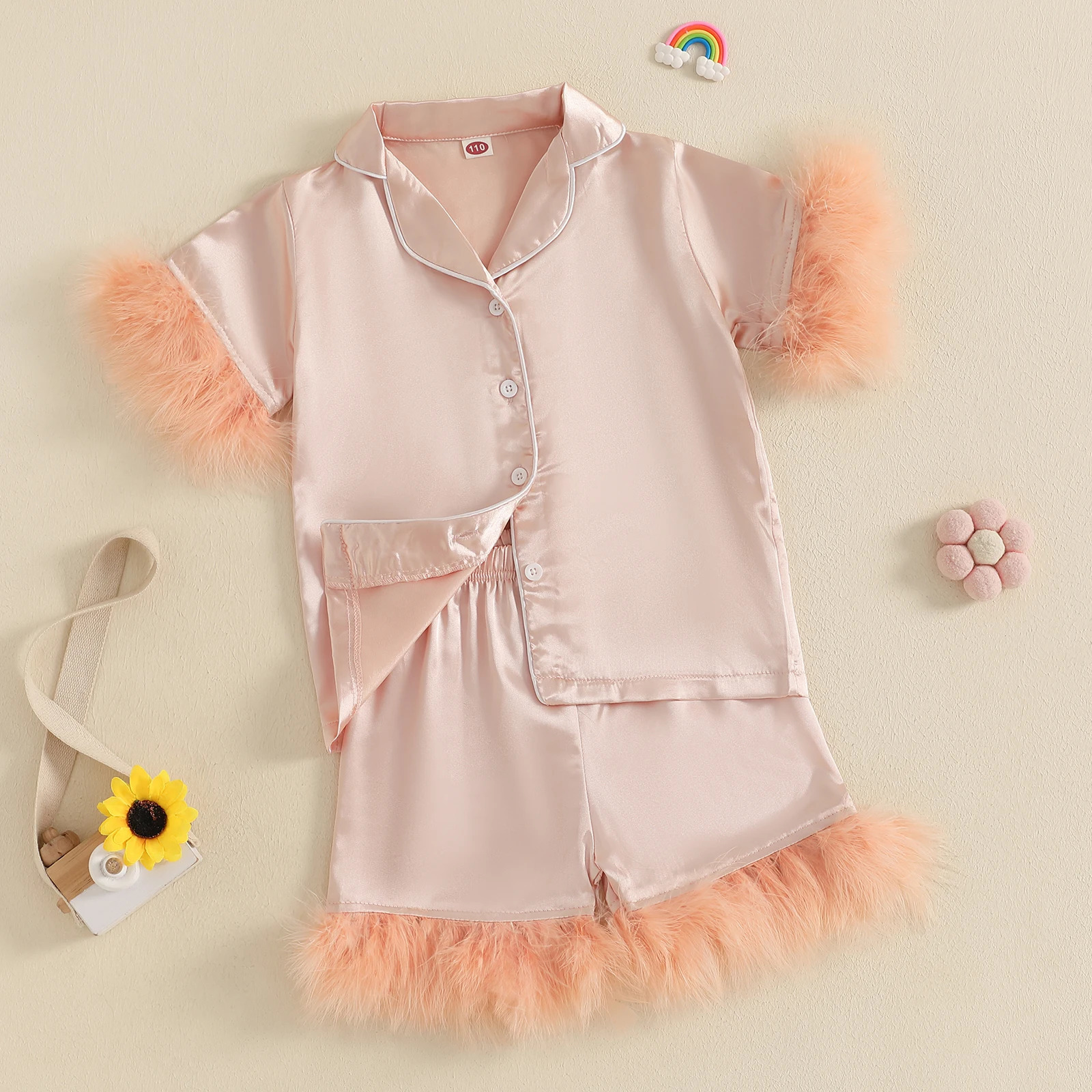 MISOWMNJOY Summer Baby Girls Pajamas Set Sleepwear Satin Feather Patchwork Button up Short Sleeves Shirt with Shorts Loungewear 250527