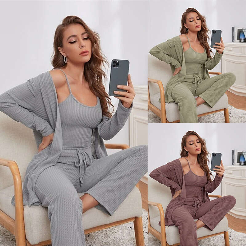 2025 Homewear Women's Waffle Knit Camisole Top Long Pants Robe Pajama Three-Piece Set