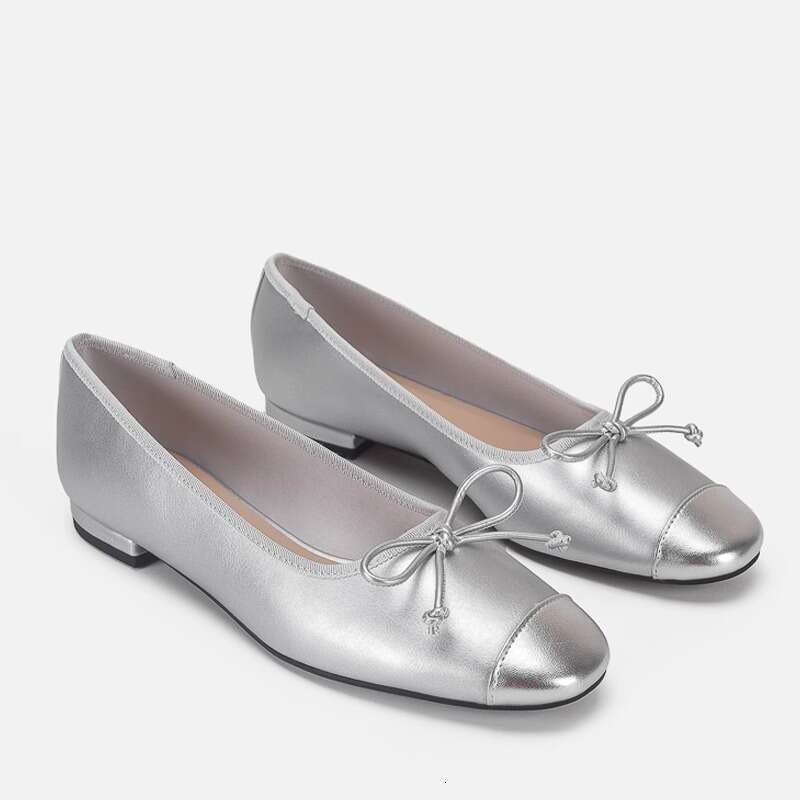 Sheepskin Version ~ Silver Ballet for Women, Flat Genuine Leather Round Toe Shallow Mouth Single Shoes with Bowknot Slip-On Loafers