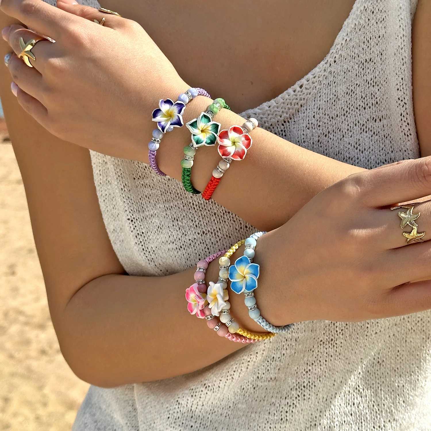 Bohemian Big Flower Charm Bracelets For Women Pink Red Blue Green Flowers Soft Clay Pottery Beaded Bangles Girls Party Jewelry W250526