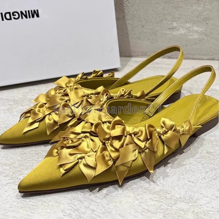 free shipping designer sandals womens flats heels sandal summer yellow black satin face classic fashion bowknot pointed toe ankle strap single shoes l