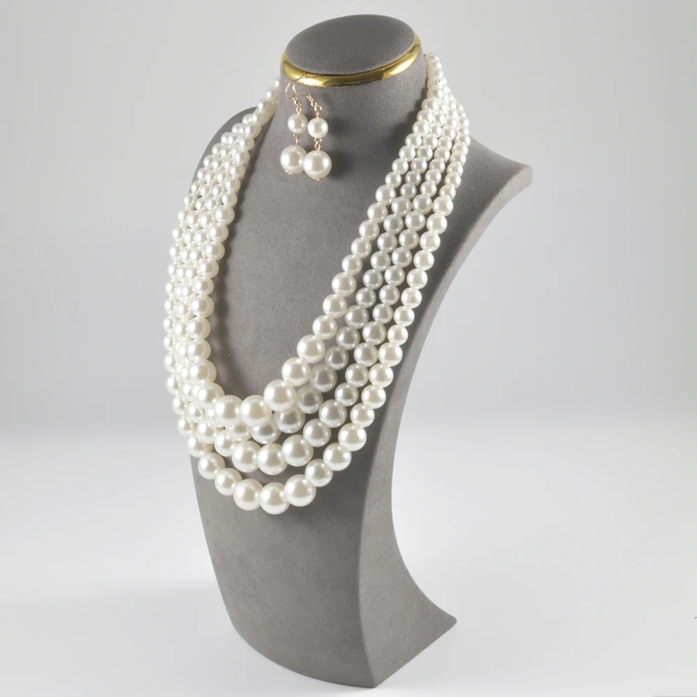 Vintage Baroque Style Round Pearl Necklace Dangle Earrings Jewelry Set Multi Strands Necklace Party Favors For Women 250522