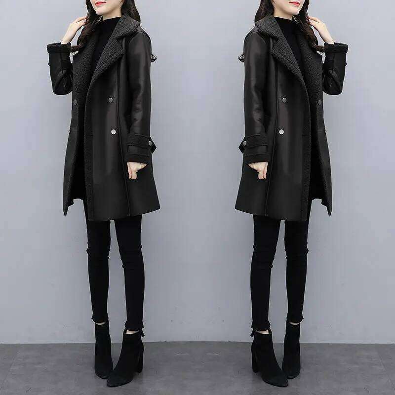 2025 Autumn Winter Jacket New Women's Fur One PU Leather Coats Loose Ladies Outwear With Thicker Overcoat Female Tops