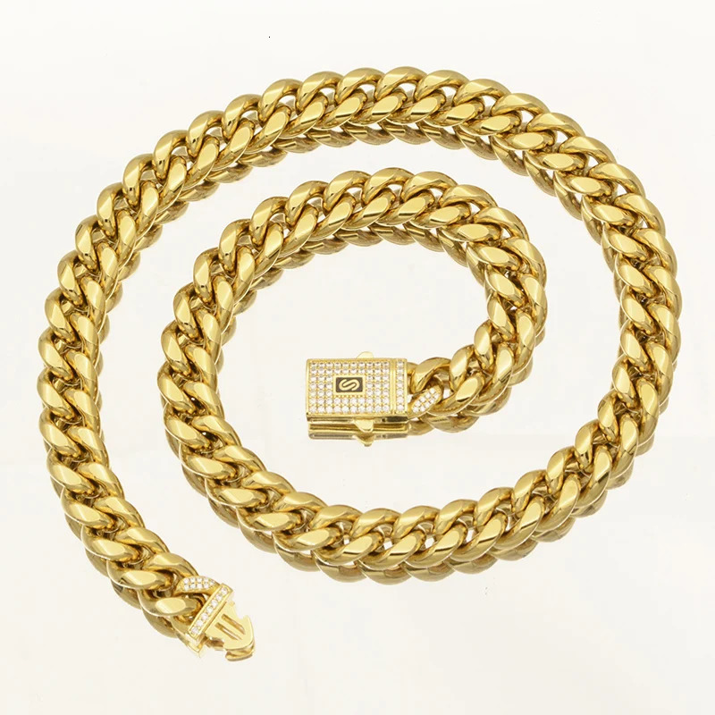 Hip Hop Bling Iced Out Gold Color Stainless Steel CZ Cuban Miami Chain Necklace Link Chain for Men Rapper Jewelry 250526