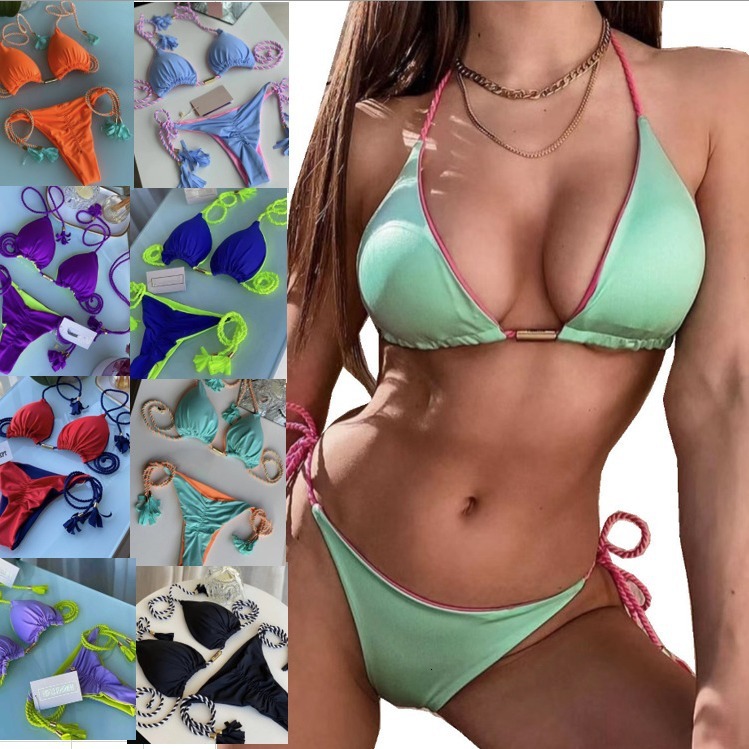 Free Shipping 2025 New Designer Shoes Swimwear New Triangle Bag Women's Split Solid Sexy Multi Color Woven Rope Bikini
