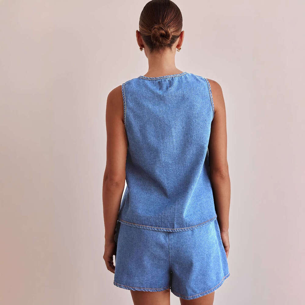 Summer Fashion Casual Sleeveless Tie Waist Women's Vest Denim Shorts Set