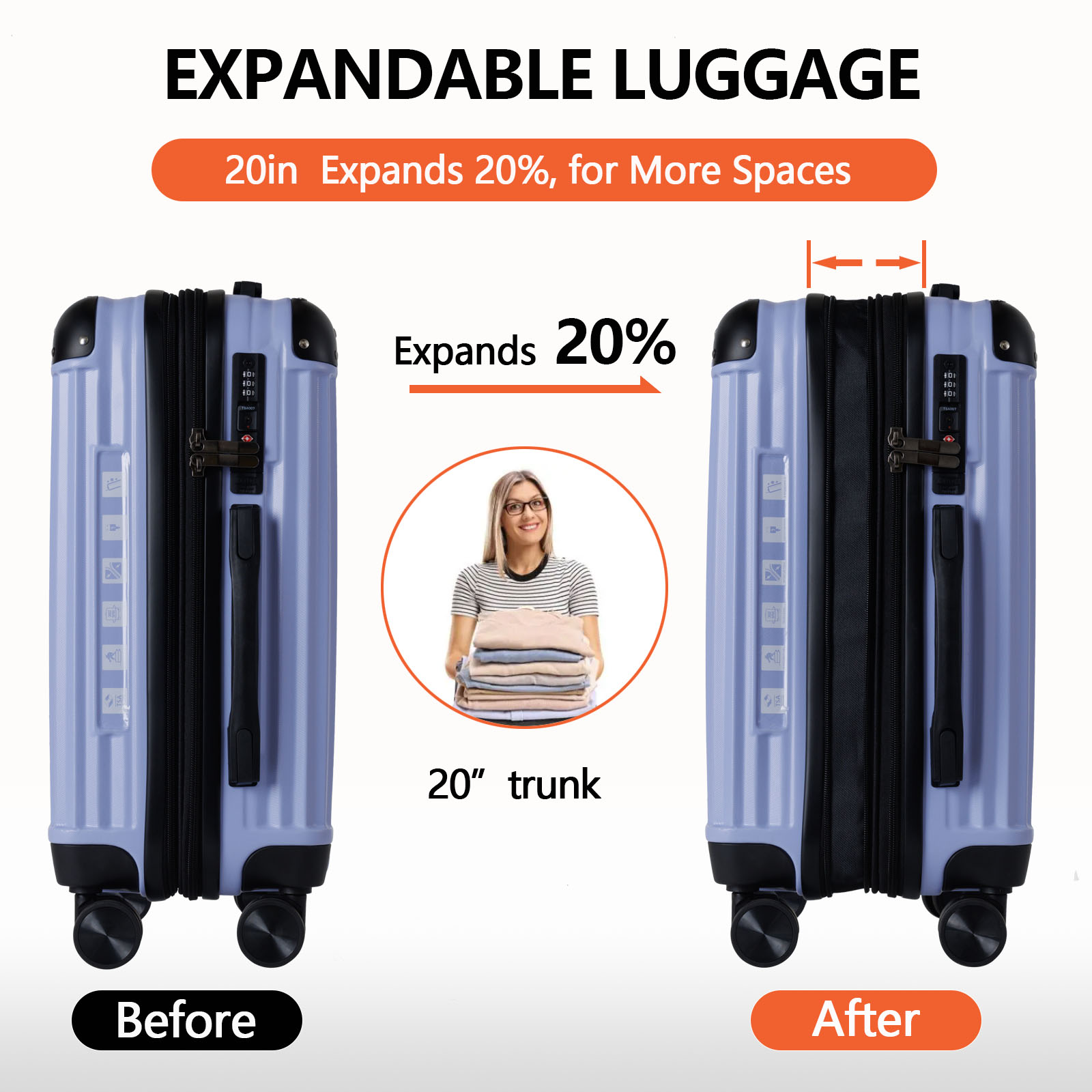 20 Inch Expandable Carry On Suitcase with TSA Lock - Purple ABS Luggage for Personal Travel & Business Trips, Durable Corner Protector