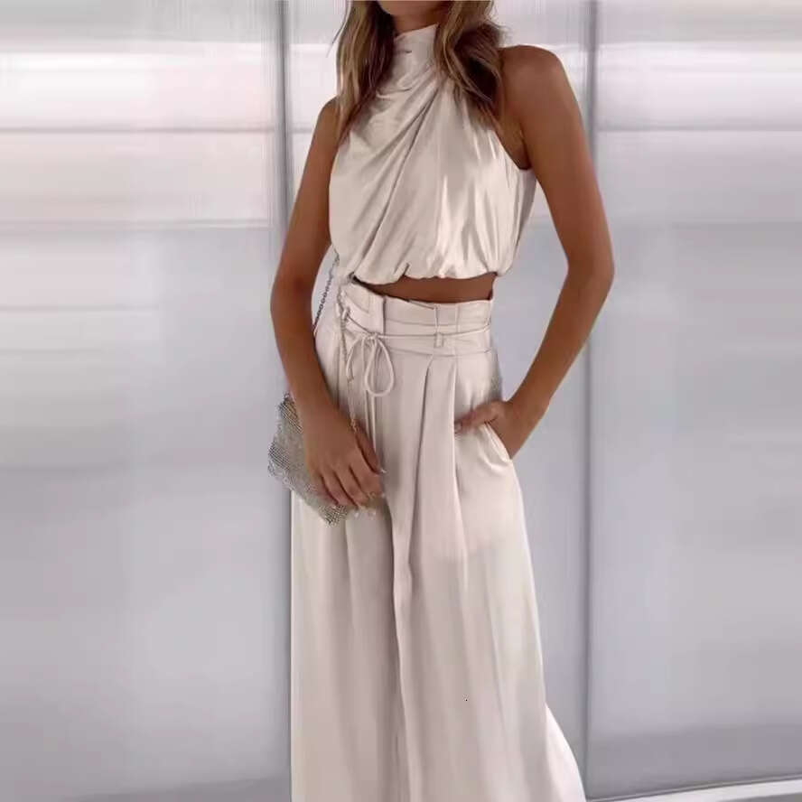 2025 New Women's Two-Piece Set Summer Casual Sleeveless Turtleneck Crop Top Wide-Leg Pants