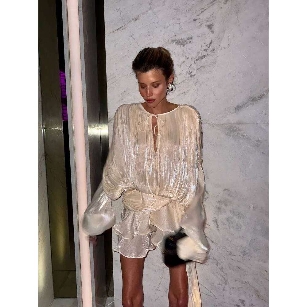 Hot Tight Dresses Stunning Shiny Ruffles Lace Up Mini Dress Women S Chic Loose Hollow Out A Line Pleated Vestidos Lady Summer Party Gowns New Casual K