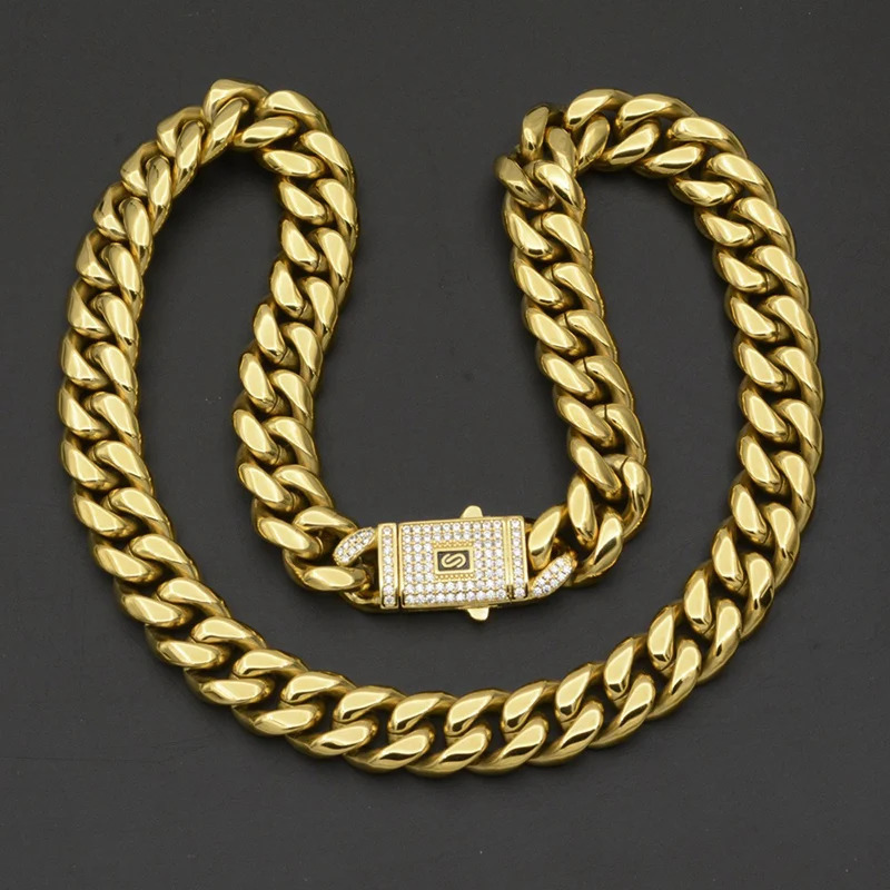 Hip Hop Bling Iced Out Gold Color Stainless Steel CZ Cuban Miami Chain Necklace Link Chain for Men Rapper Jewelry 250526
