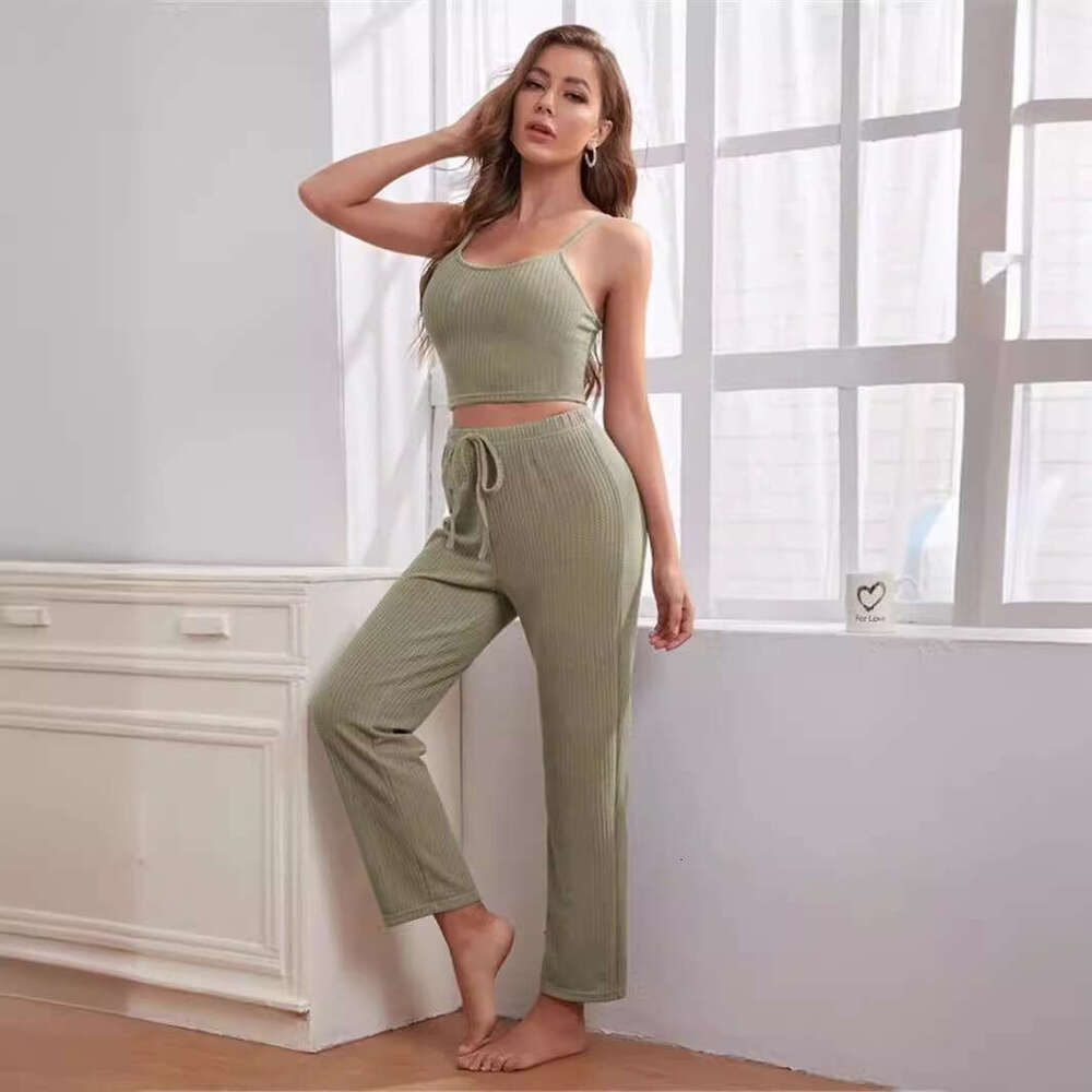 2025 Homewear Women's Waffle Knit Camisole Top Long Pants Robe Pajama Three-Piece Set