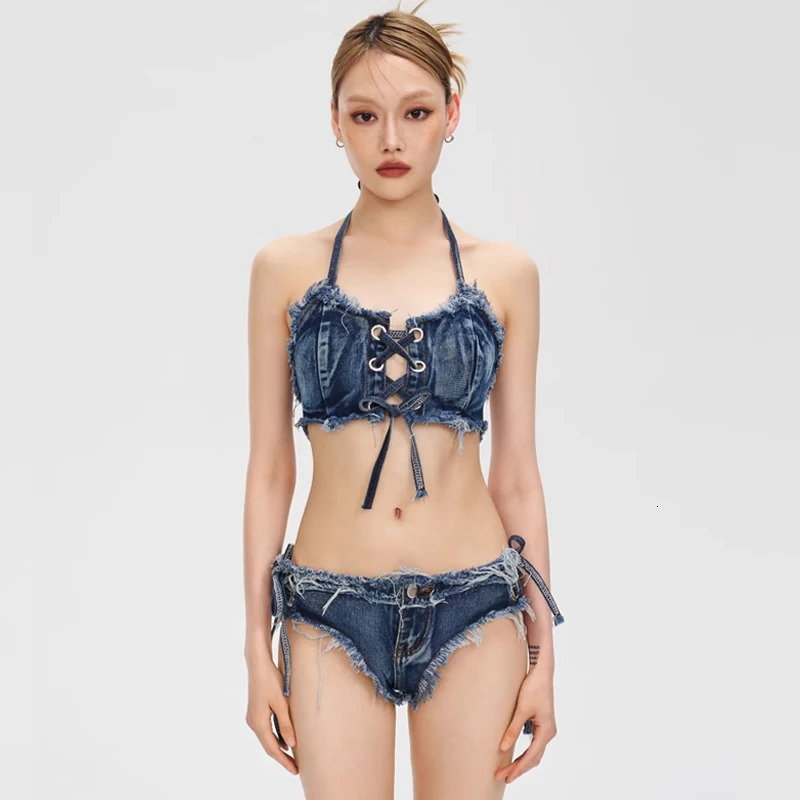 650 denim bikini swimsuit split vacation sexy slimming pure desire high-end feeling Korean Ins beach swimsuit women 250523