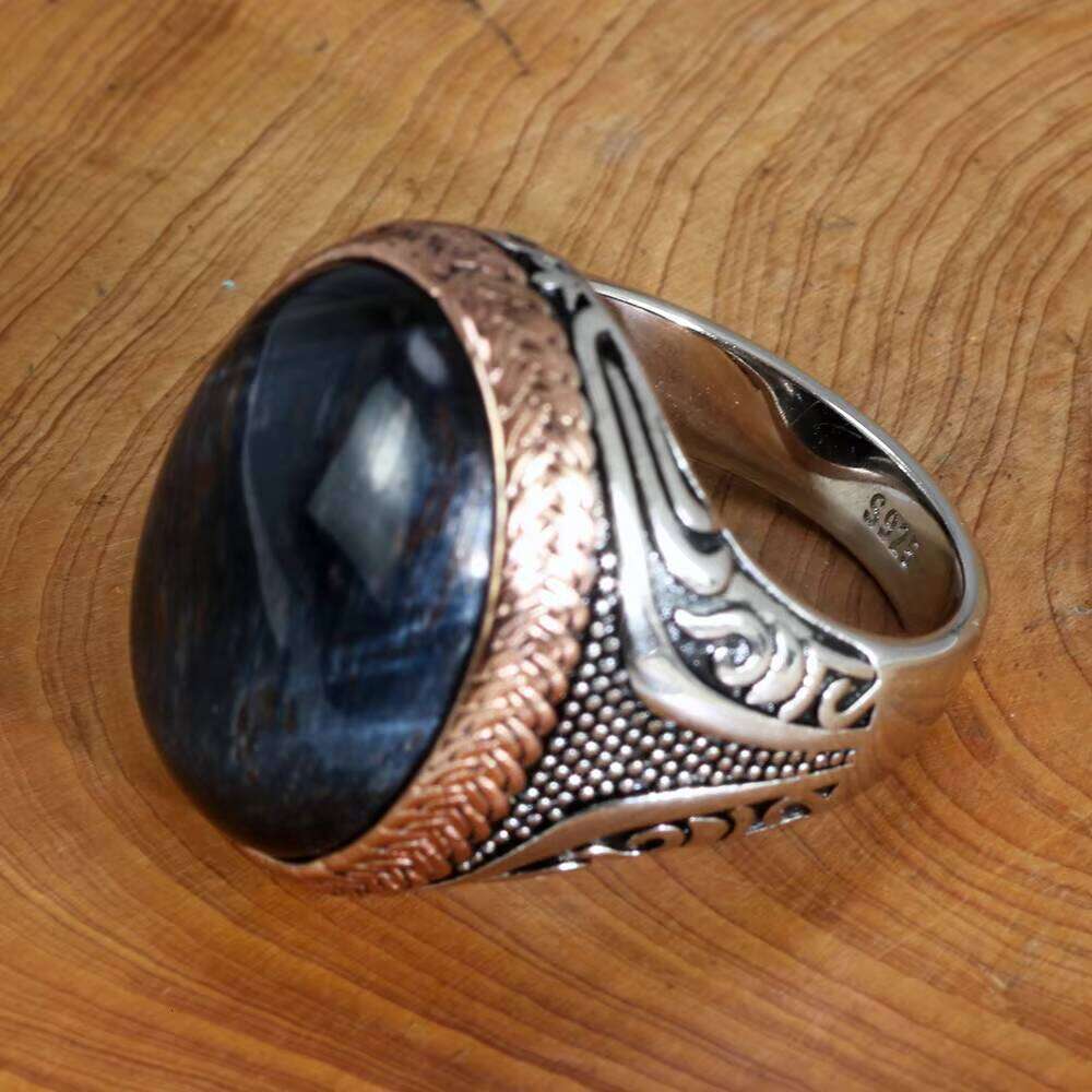 Islamic Religious Muslim Ring for Men Sterling Sier Turkish Double Swords Natural Blue Tiger Eye Punk Wholesale Jewelry