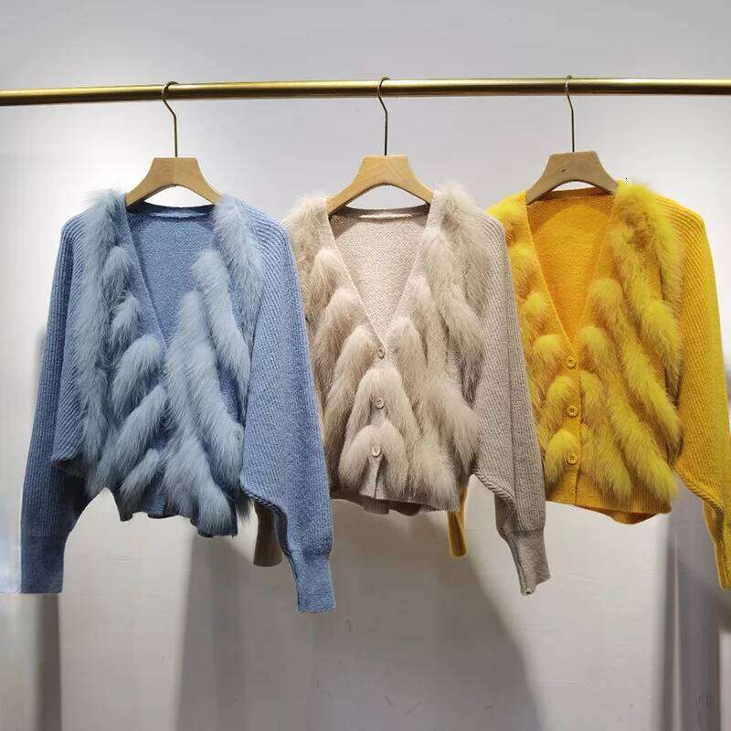 2024 New Autumn Fox Stripe Cardigans Women Elegant Batwing Long Sleeves Real Fur Trim Knitted Cardigan Sweater Outwear