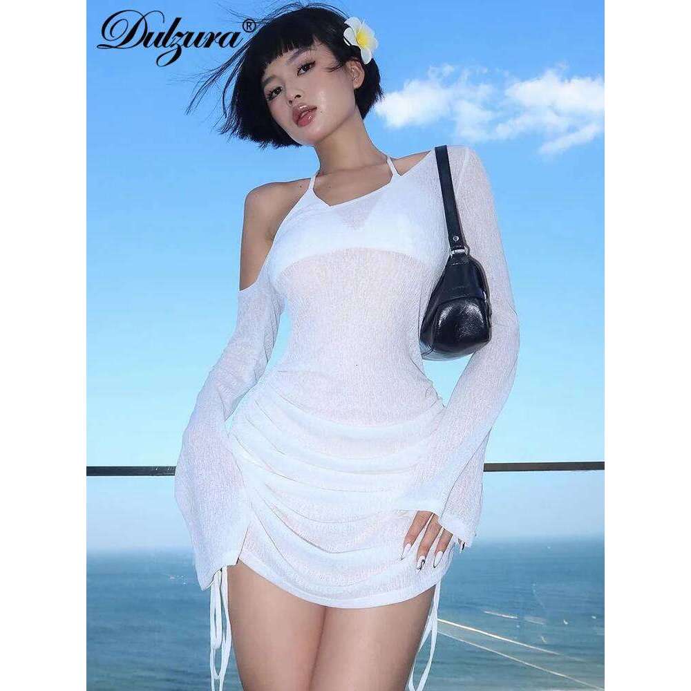 Hot Tight Dresses Dulzura Solid Skew Collar Ruched Straps Lace Up See Through Draw String Mini Dress Summer Women Party Clubwear Wholesale Casual Knee
