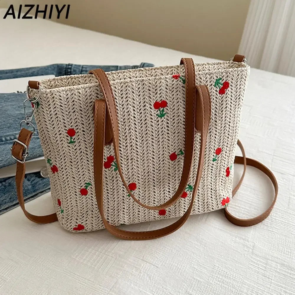 Cherry Straw Woven Tote Bag for Women Summer Beach Raffia Shoulder Bag Rattan tote Handbag Purses Stylish Shopper Crossbody Bag 250428