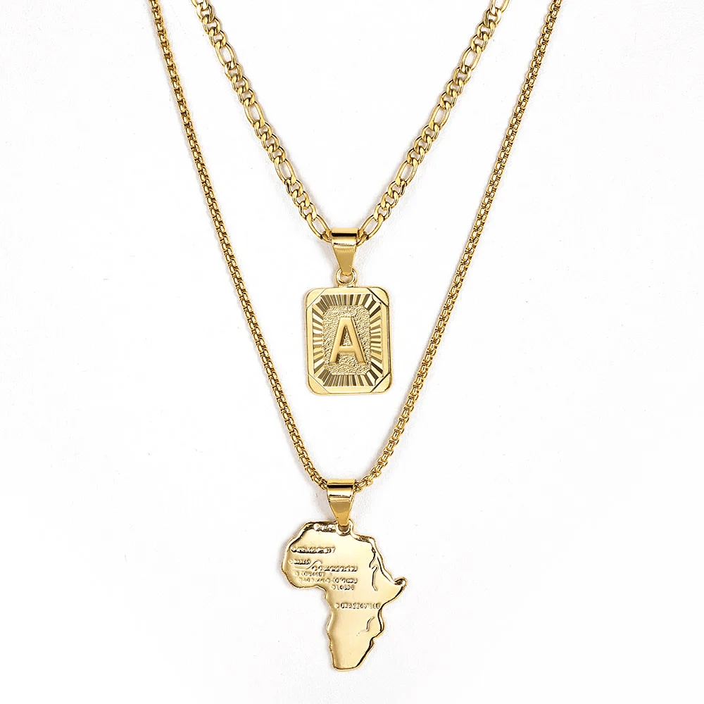 A-Z Stainless Steel Letter Map Necklace Set For Women Men 3+1 Figar Curb Chain Layered Jewelry Gift 18 22inch Set