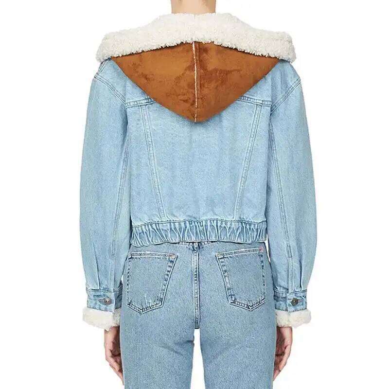 HKSH Trendy Lamb Wool 2024 Spring Autumn Winter New Women's Tide Splicing Personalized Single Breasted Short Denim Coat Hk3120