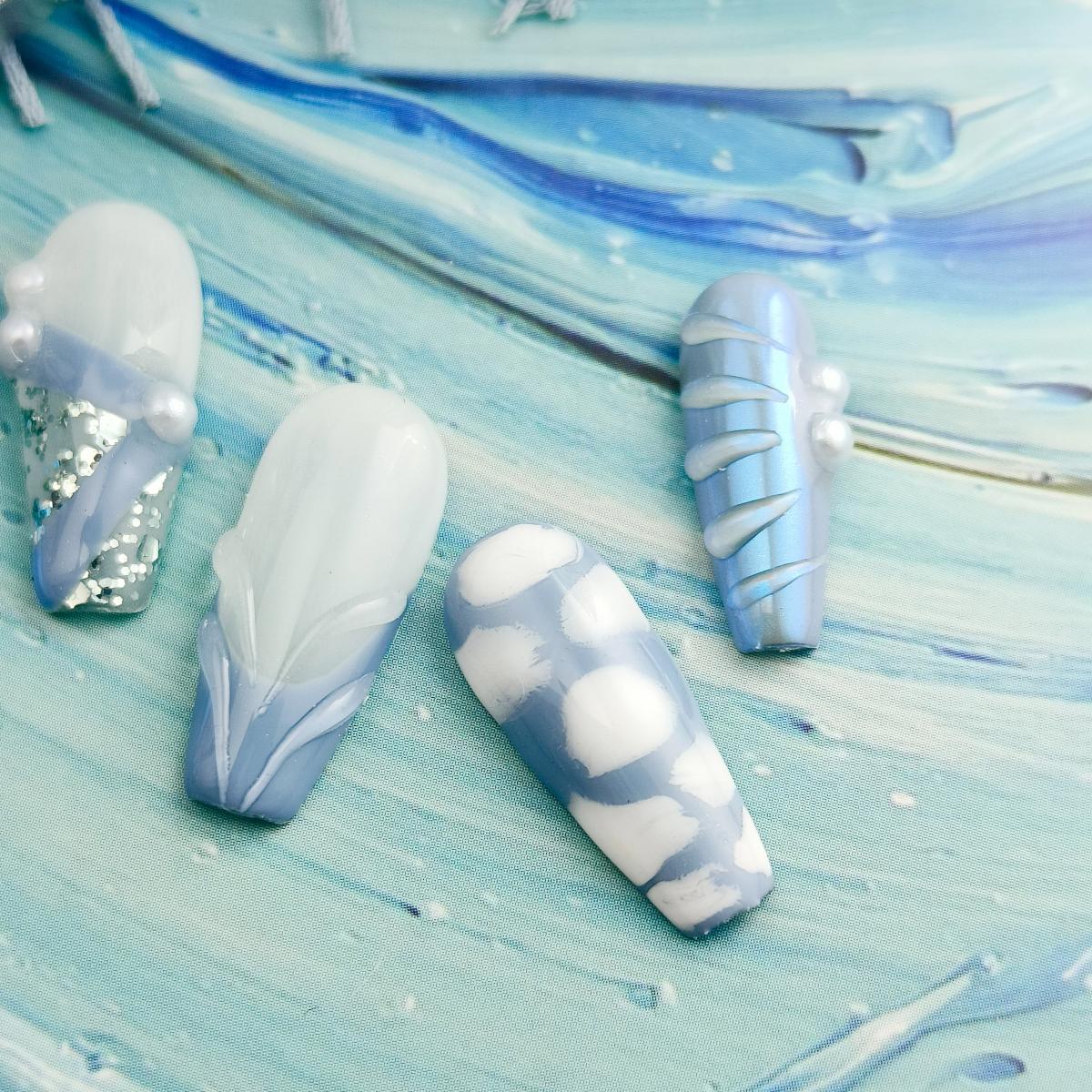 10pcs Handmade Press-on nails Long Coffin Nails 3D Hand drawn Fake nails Bundle Sweet Pearl Sequin Finished nail stickers Free storage box jelly glue 