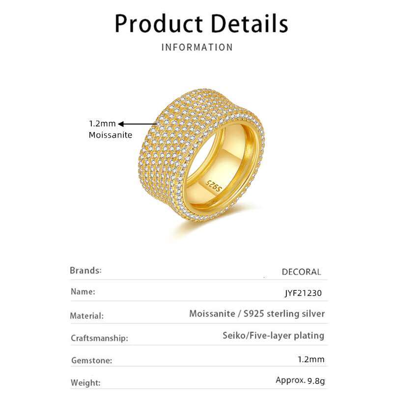 Hip Hop Jewelry Light Luxury 925 Sterling Silver Full Iced Out Vvs 1.2mm Moissanite Diamond Ring for Women Men