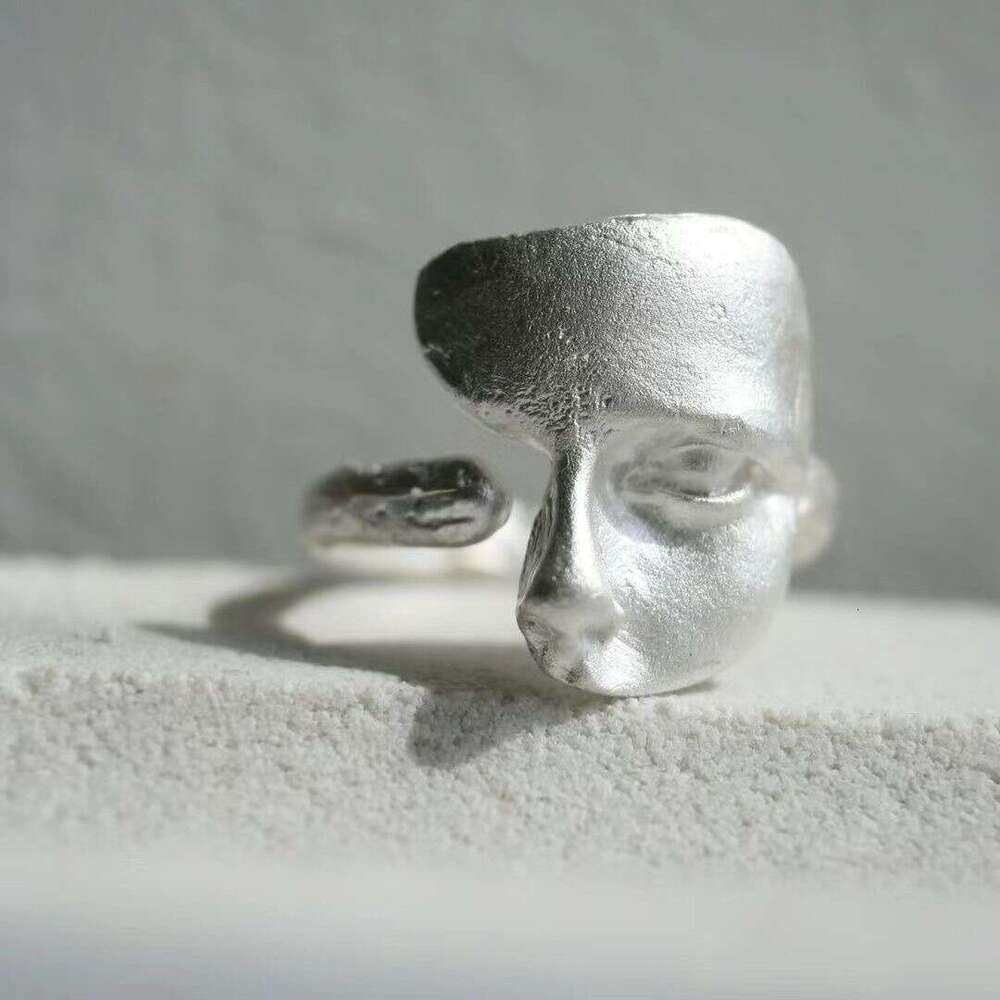 Burnt White Texture Silver Handmade Open Versatile Personality Mask Ring Matte Niche High-end Jewelry
