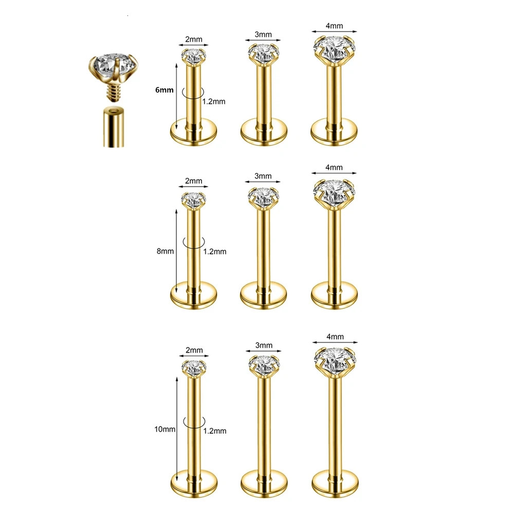 10Pcs Silver Gold Color 16G Stainless Steel Labret Lip Stud 2/3/4MM CZ Crystal Helix Cartilage Tragus Earring Cartilage Piercing 250526