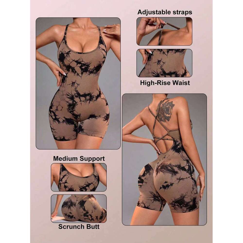 DHEssentials Dance Sports Leotard Sportswear Gym Fitness Set Cross Backless Shorts One-piece Yoga Suit Women's Jumpsuit