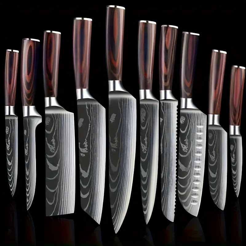 High-quality knife set includes an ultra-sharp Damascus steel chef's knife, multi-purpose knife, bread knife, and peeler, perfect for slicing mea