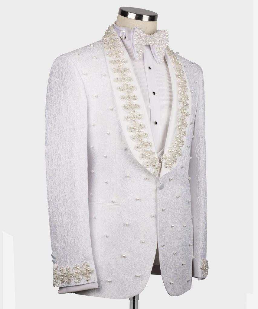 White Luxury Wedding Tuxedos Single Button Shawl Lapel Men Suit Two Pieces Set Jacket Pants Groom Business Blazers Customized Para Hombre Formal Occas