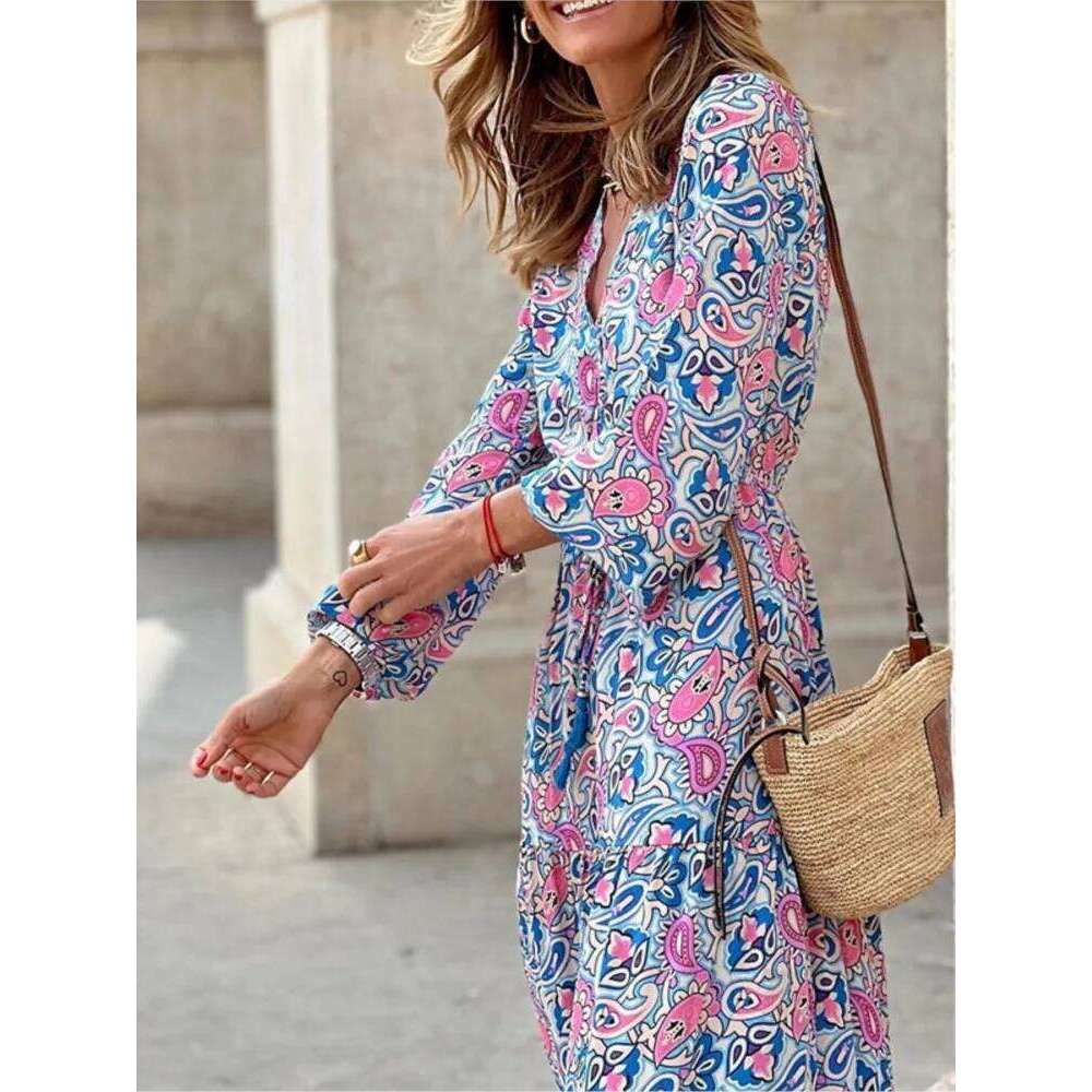 Hot Tight Dresses Women S Autumn New Fashionable Printed Sexy V Neck Long Sleeve High Elastic Waist Medium Length Bohemian Dress Casual Knee Length Dr