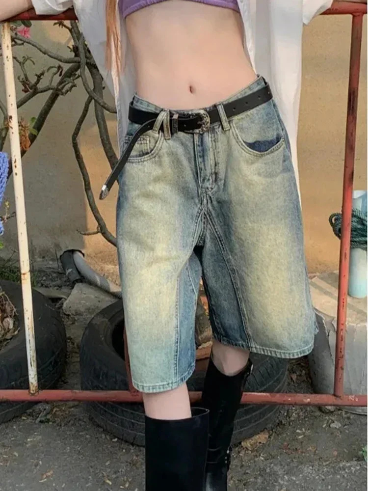 Summer Women Retro Nostalgic Washed Denim Straight Leg Shorts Fashion Street Wear Loose Fitting Womens Versatile Jeans 250516Z