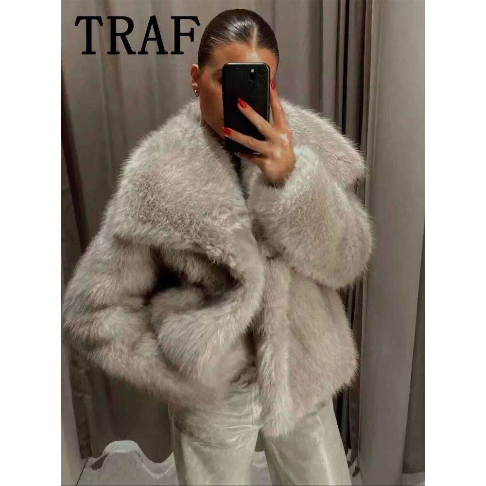 TRAF Faux Fur Cropped Jackets For Women Coats Thick Warm Soft Jacket Woman 2024 Long Sleeve Casual Winter Coat In New Outerwear