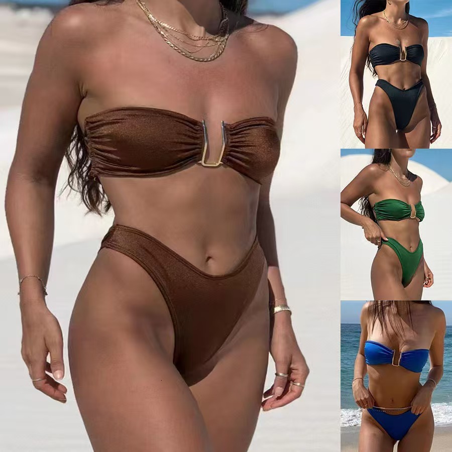 Free Shipping 2025 New Designer Outdoor Sexy Solid Color High Waist Swimsuit Soaking Hot Spring Bikini