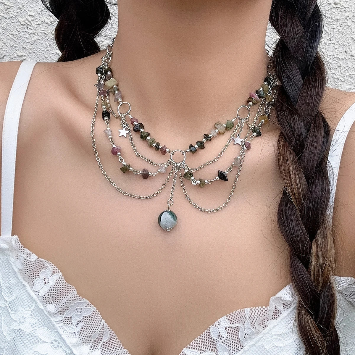 Lacteo Y2K Natural Stone Beads Pendant Necklace for Women Round Ball Tassel Choker Jewelry Collar Neck Chain Girls Party 250522