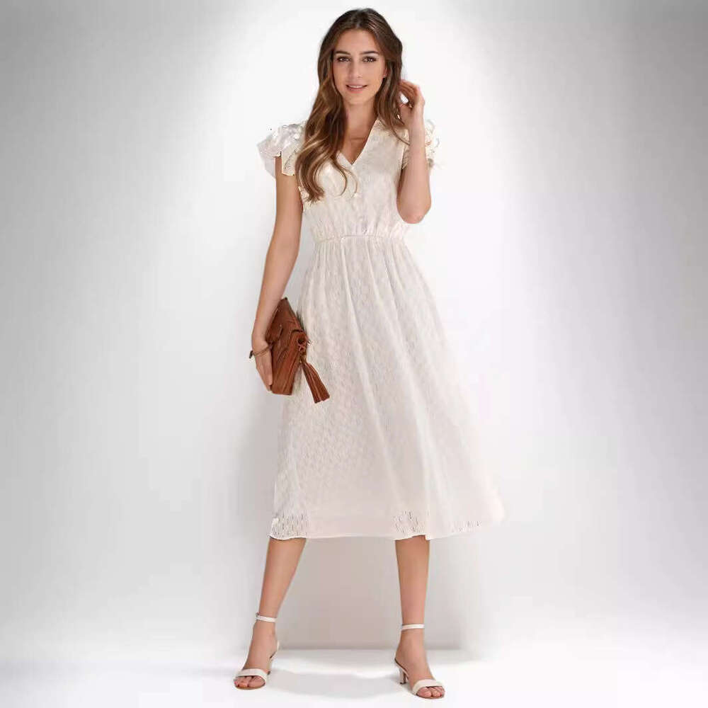 2025 Spring/Summer New Casual Solid Color V-neck Waist-cinching Fresh Style Women's Dress