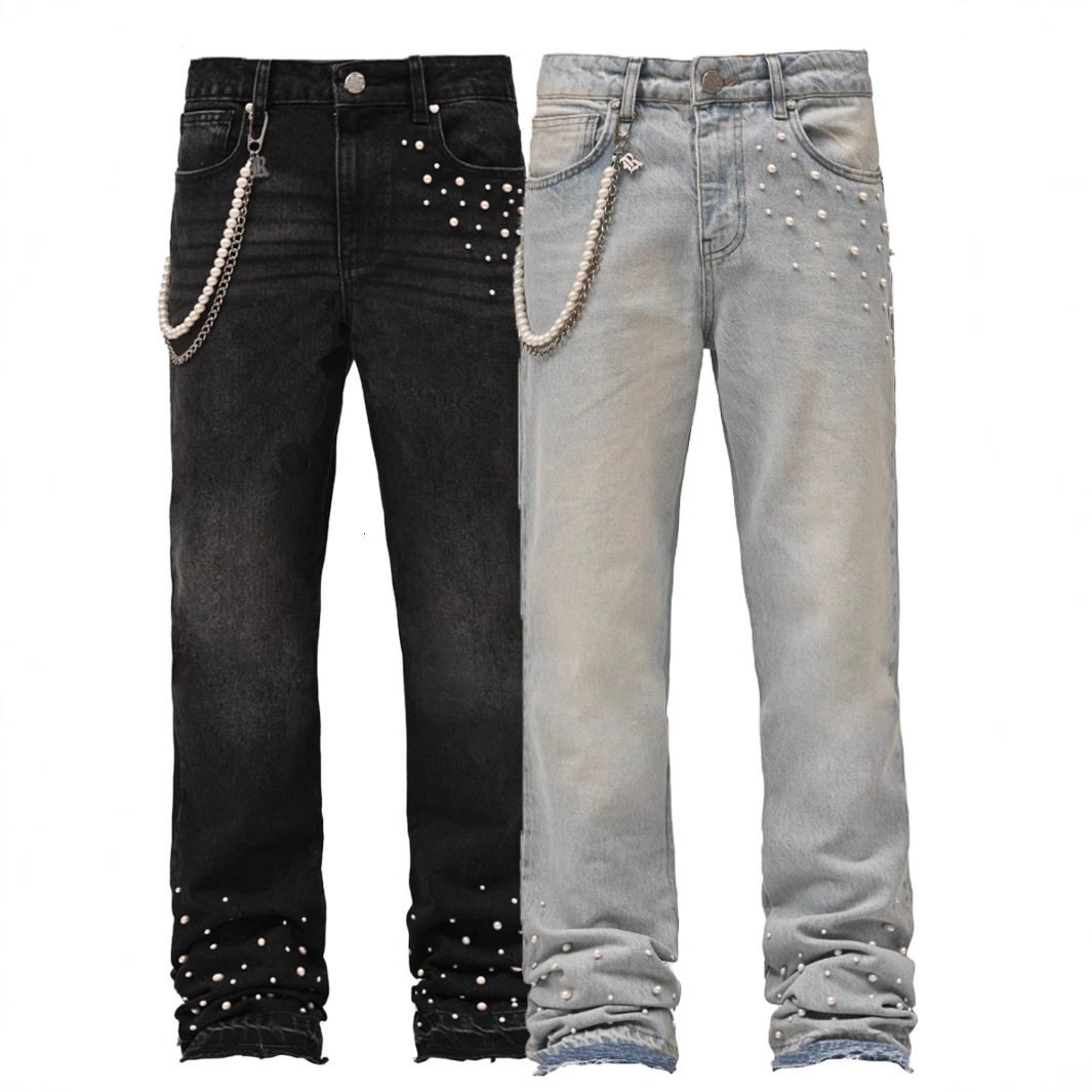 New men's street fashion ins elastic diamond studded denim straight leg pants