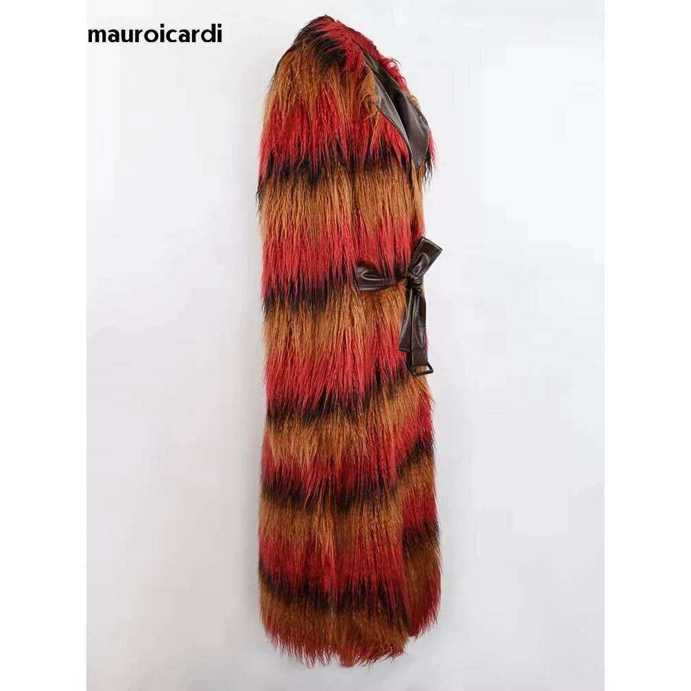 Mauroicardi Winter Long Colorful Striped Thick Warm Pu Leather Patchwork Faux Mongolian Fur Coat Women Fluffy Overcoat