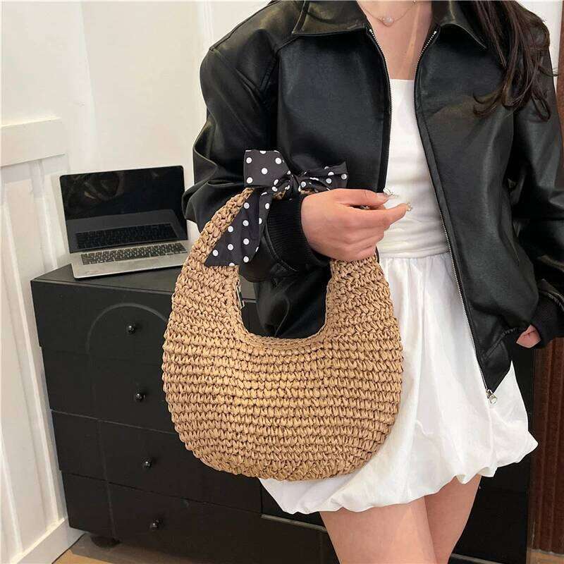 Women's Bags Designer Bird's Nest Beach Simple Bow Handle Straw Handbag Seaside Vacation Woven Versatile Hand-Held Shoulder Bucket Bag