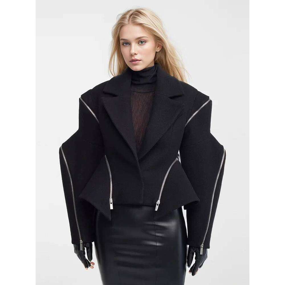 TWOTWINSTYLE Solid Patchwork Zipper Casual Jackets For Women V Neck Long Sleeve Spliced Button Temperament Coat Female Fashion
