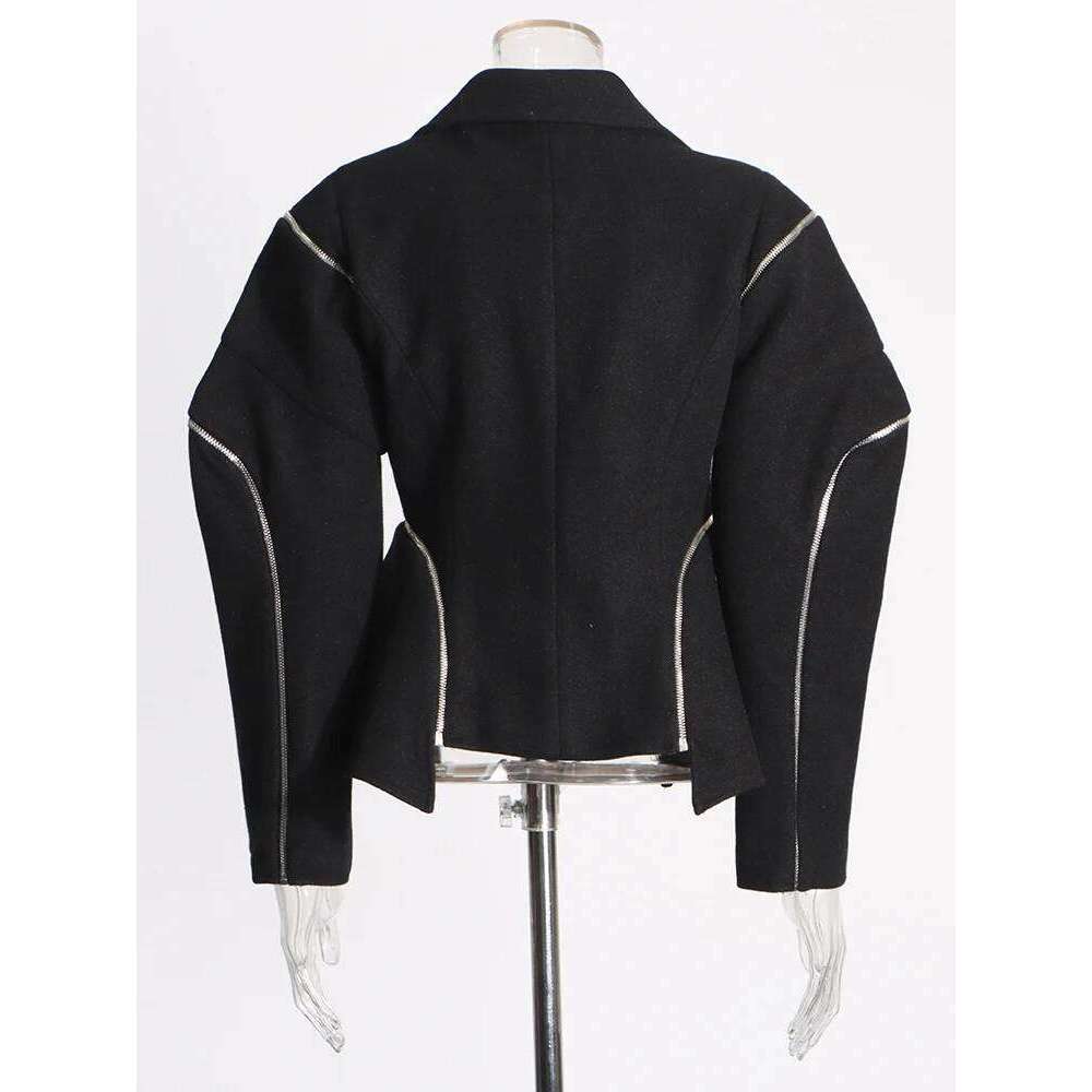 TWOTWINSTYLE Solid Patchwork Zipper Casual Jackets For Women V Neck Long Sleeve Spliced Button Temperament Coat Female Fashion