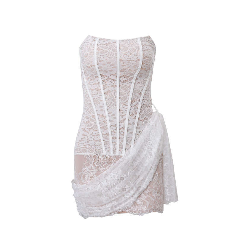 2025 Autumn New Women's Sexy Lace Mesh Off-Shoulder Tube Top Slightly Sheer Slim Fit Dress