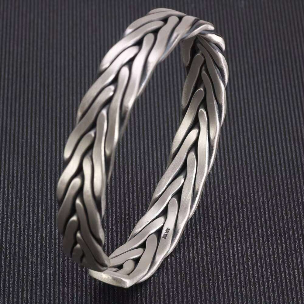Heavy 999 Sterling Braided Twist Retro Solid Handmade Sier Opening Adjustable Bracelet Men and Women Jewelry