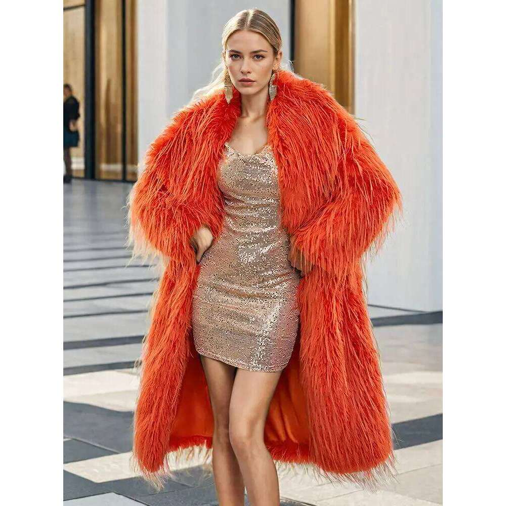DEAT Fashion Women's Faux Fur Coat Lapel Long Sleeves Orange Tassel Loose Thick Warm Jacke Winter 2024 New Tide 7AB6033