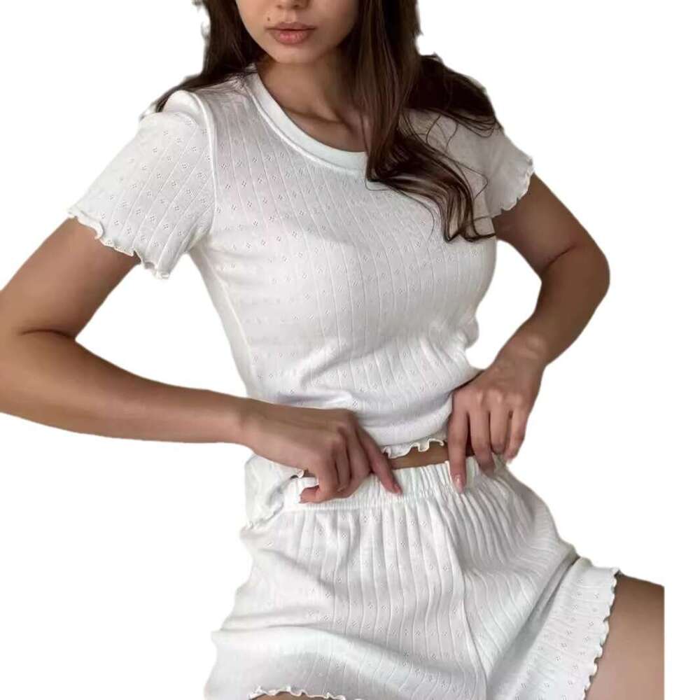 Fashion Casual Jacquard Ruffle Slim Fit Elegant Home Round Neck Short Sleeve Shorts Two-Piece Set for Women