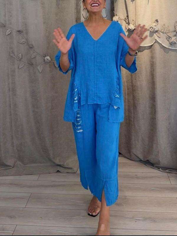 2025 Summer_Women's Casual Cotton Linen V-neck Top with Distressed Sequins Irregular Set