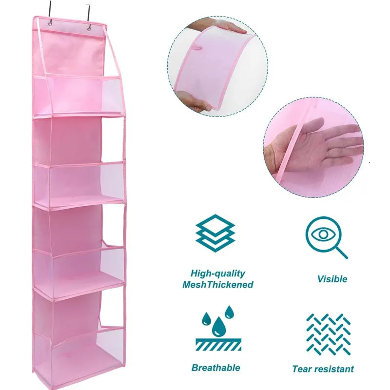 4 Layer Pink Storage Bag Foldable Hanging Organizers for Bathroom Behind The Door Snacks Toys Clothes Storage Holder Accessories 250526