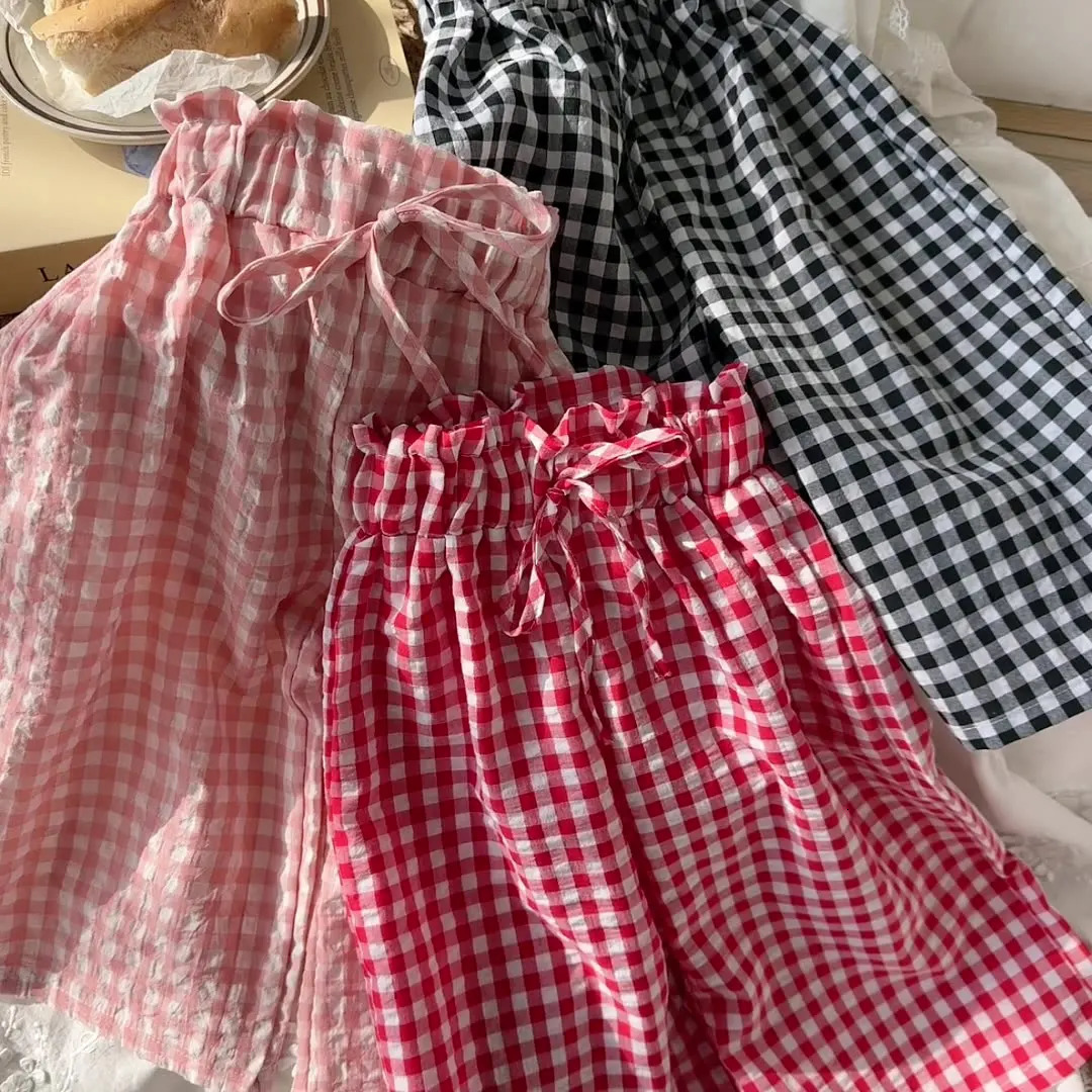 Childrens Summer Straight Pants Plaid WideLegged NineMinute Girls Fine Bud Waist Dress Casual 250527