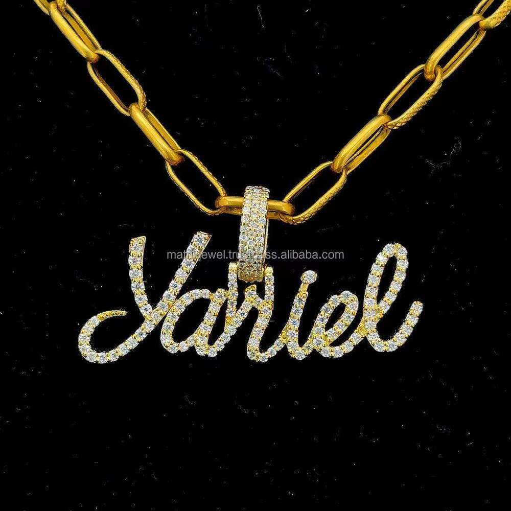 Elegant dia Single Layer Name pendant Iced Out in Sterling Sier 14KT Gold Plated and Round Cut Moissanite