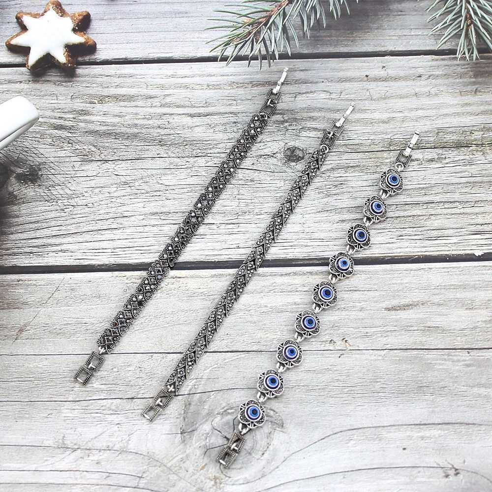 Ladies Favorite Gift Vintage Turkish Bracelet Silver Color Crystal Bohemia Link Bracelet Charm Evil Eye Jewelry W250526